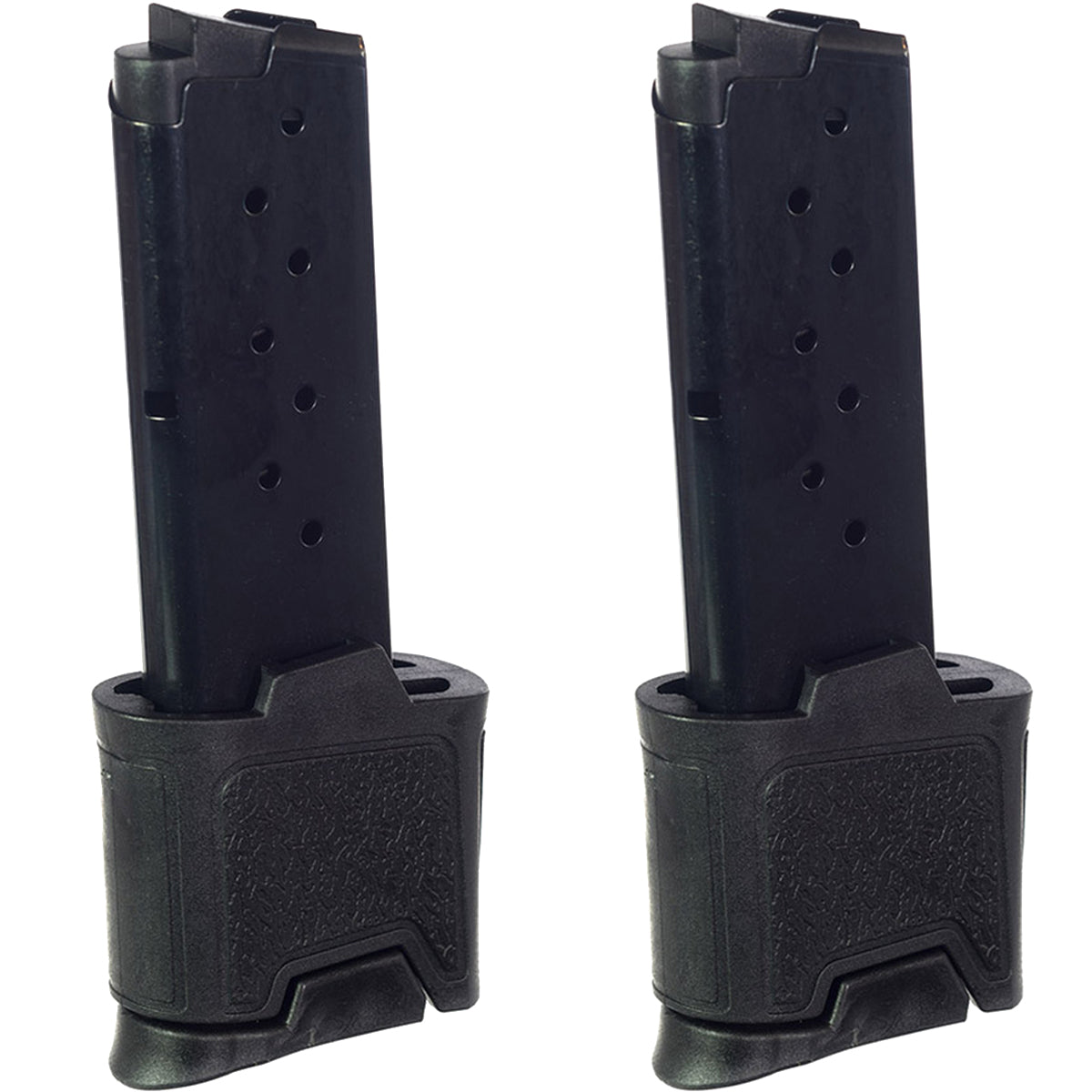 Two black polymer 9mm 10 round magazine inserts for a firearm, shown side-by-side against a plain white background.