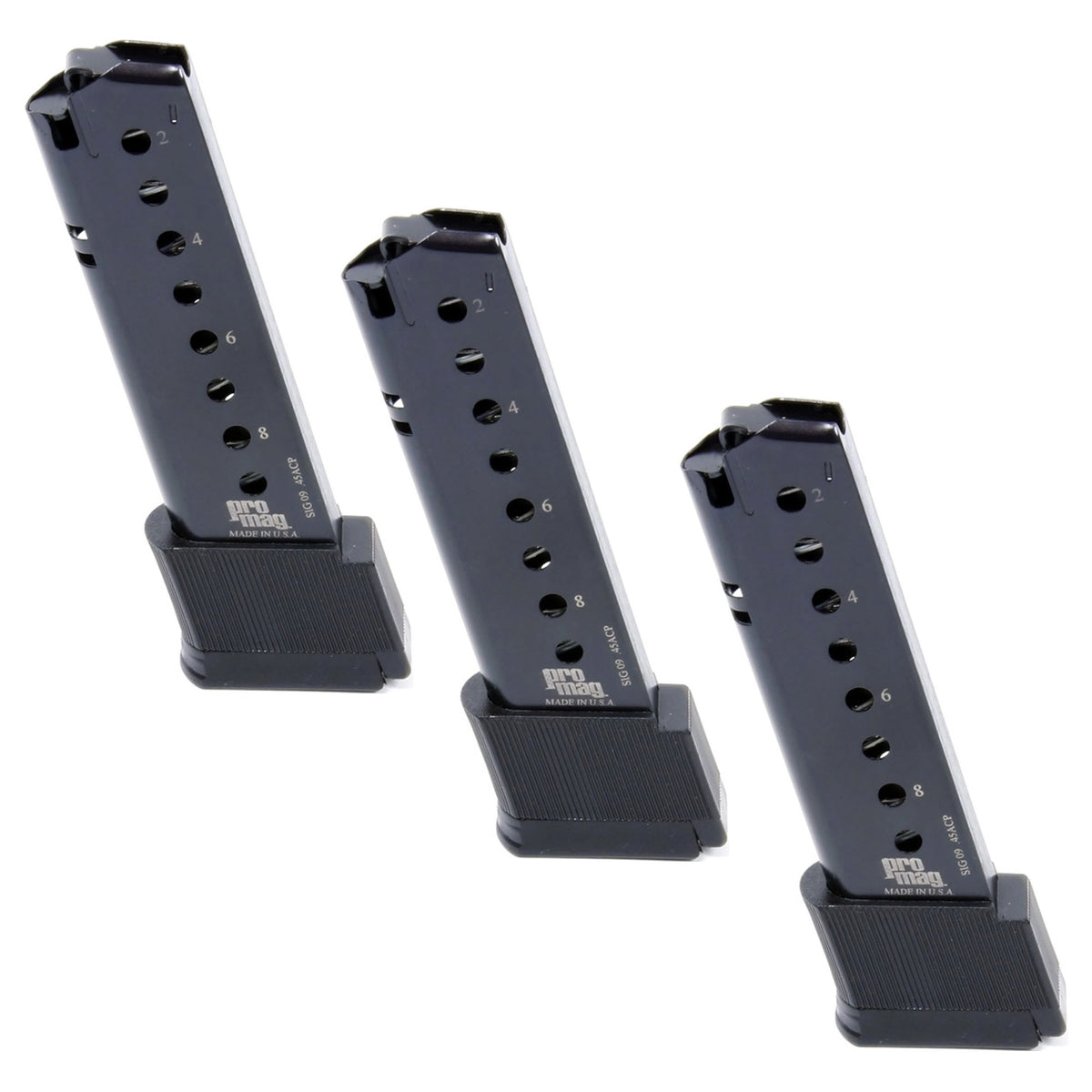 Three black metal rifle 10 round magazines arranged diagonally on a plain white background.