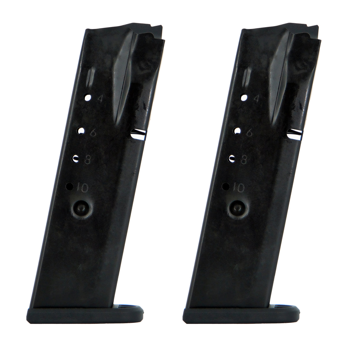 Two black metal 10 round magazine slides shown side by side on a plain white background.