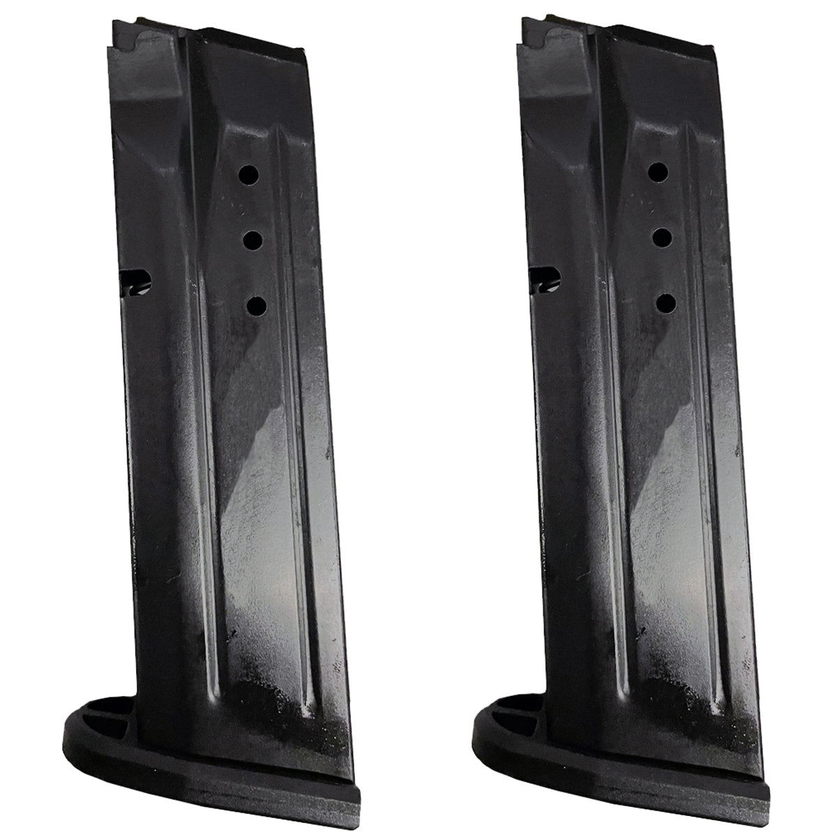 Two black metal 9mm 10 round magazine canisters side by side on a plain white background.
