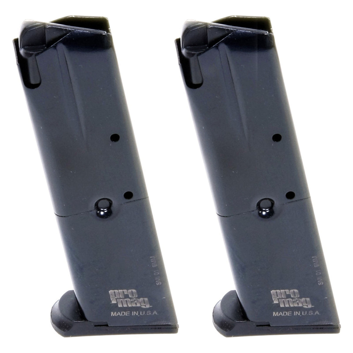 Two black ProMag polymer 9mm 10 round magazine slides shown side by side on a plain white background.