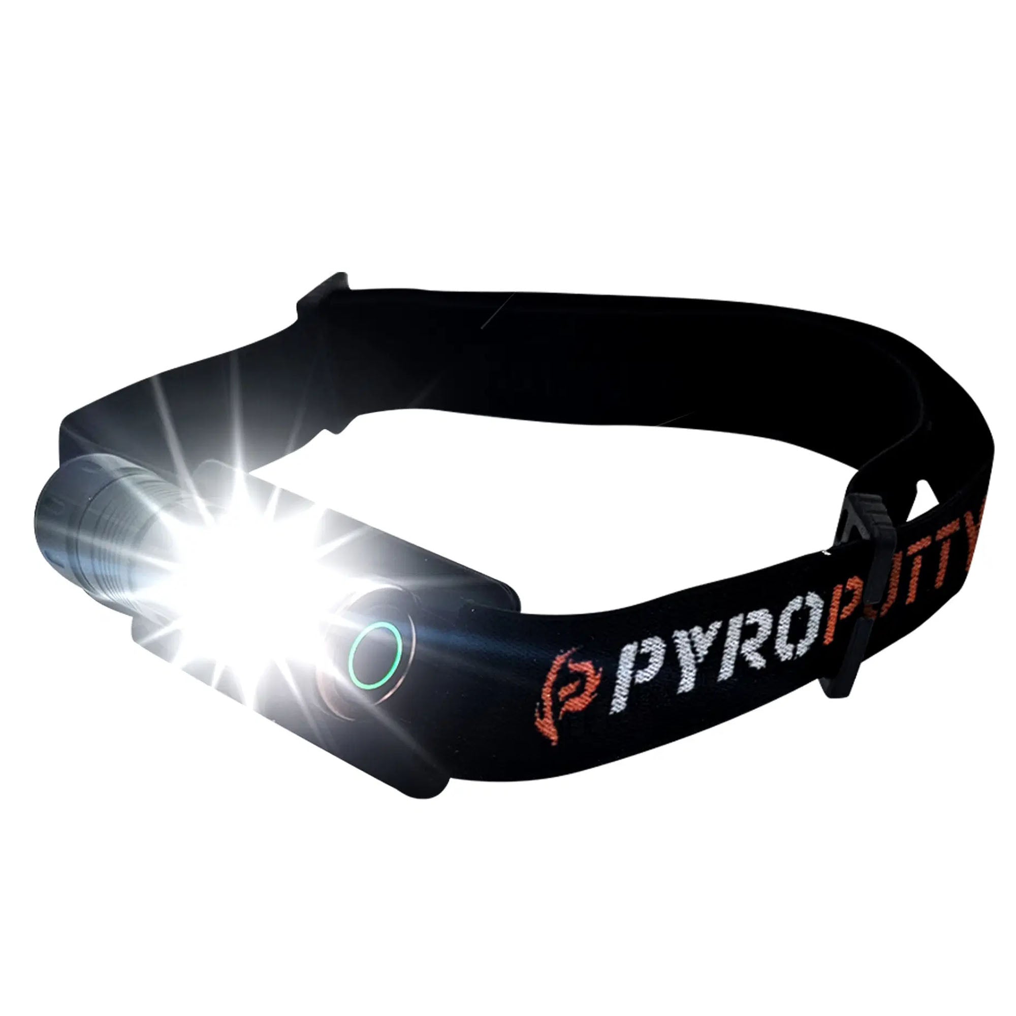 Black headlamp with bright light on a white background, featuring the brand 'PYROP'.