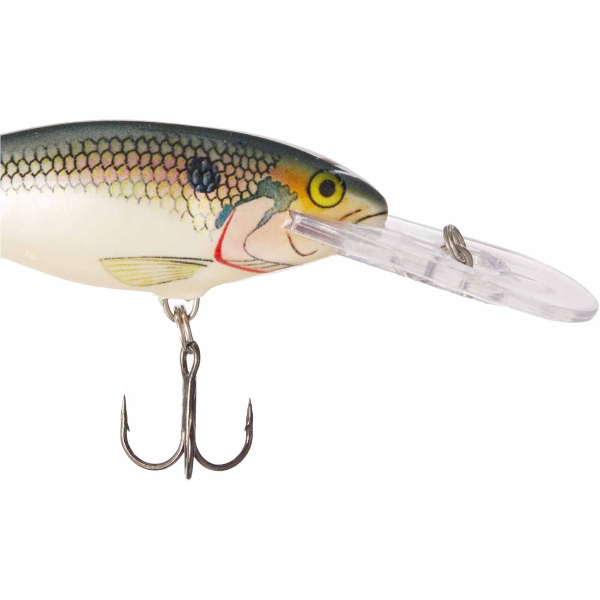 Fishing lure resembling a fish with a clear body and detailed head on a white background