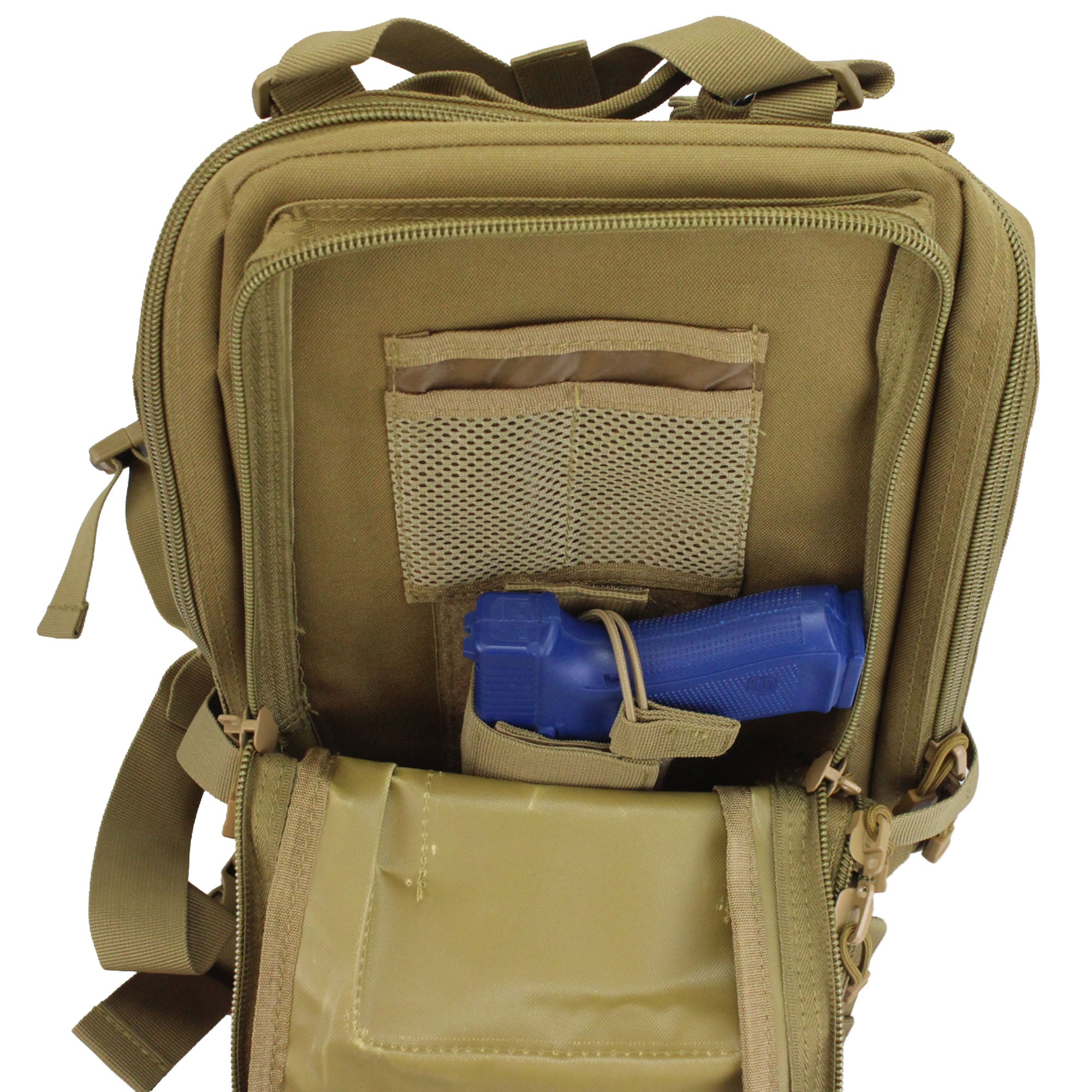 Tan tactical backpack with a blue flashlight inside on a white background