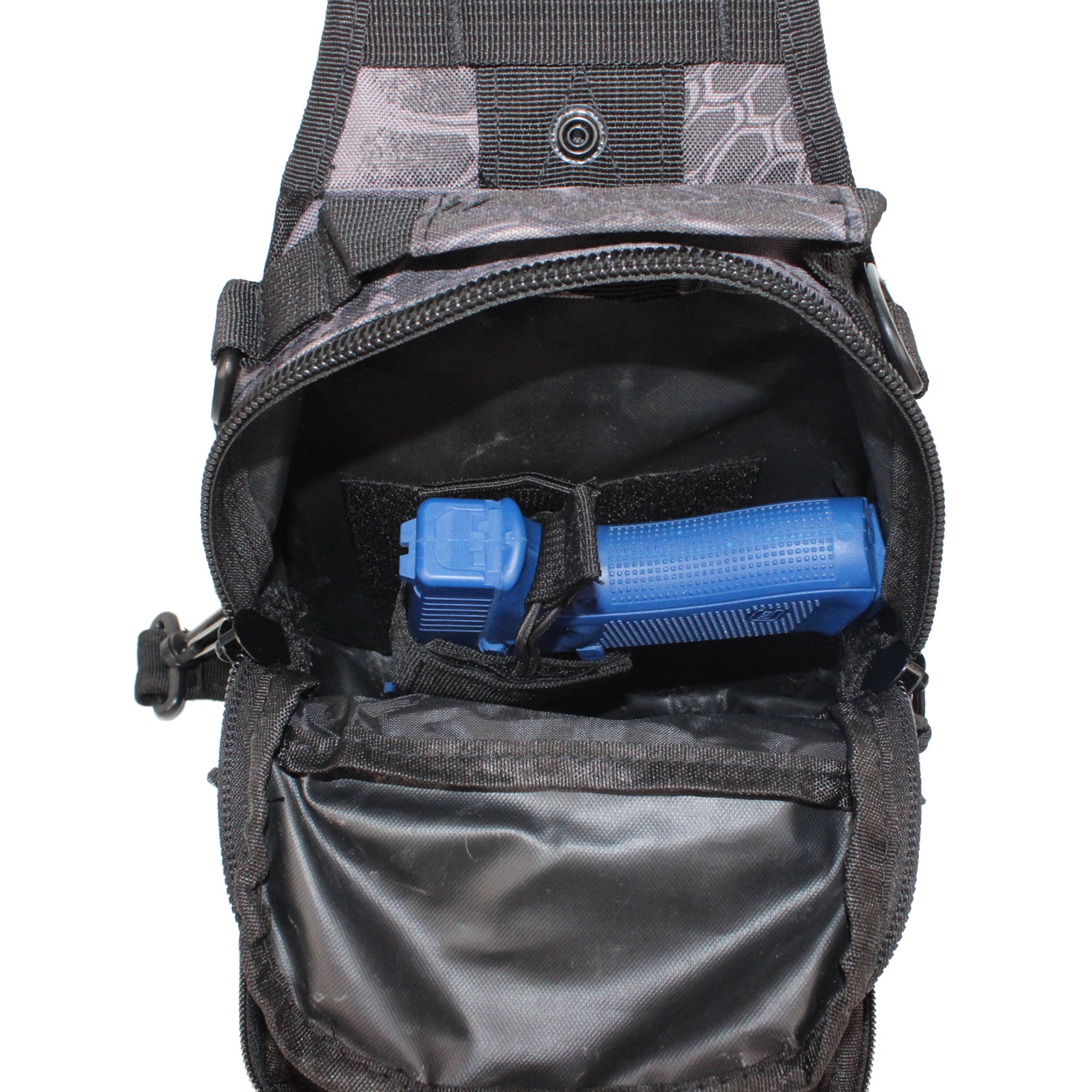 Black tactical pouch with a blue spray can inside on a white background