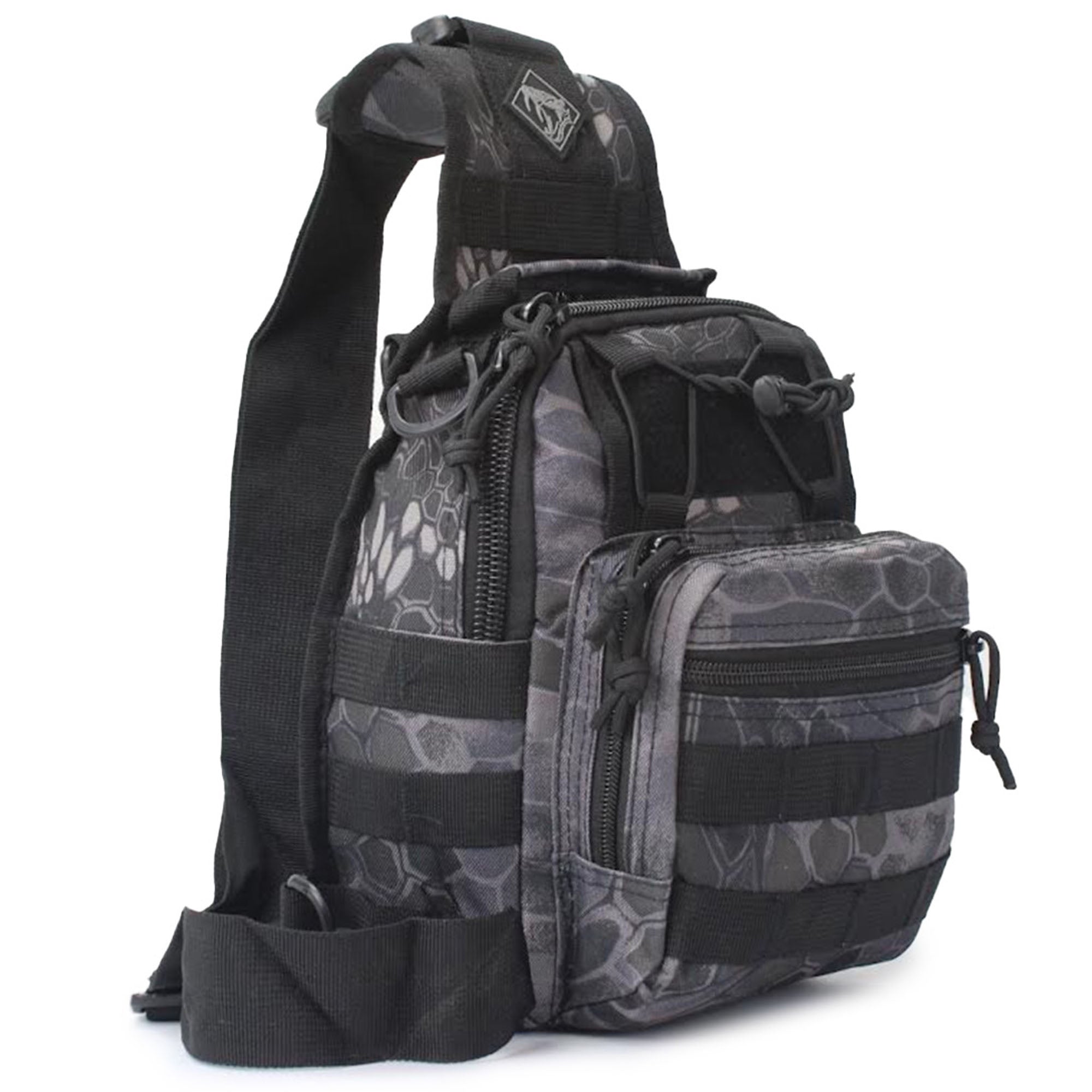 Black and gray camouflage sling bag on a white background