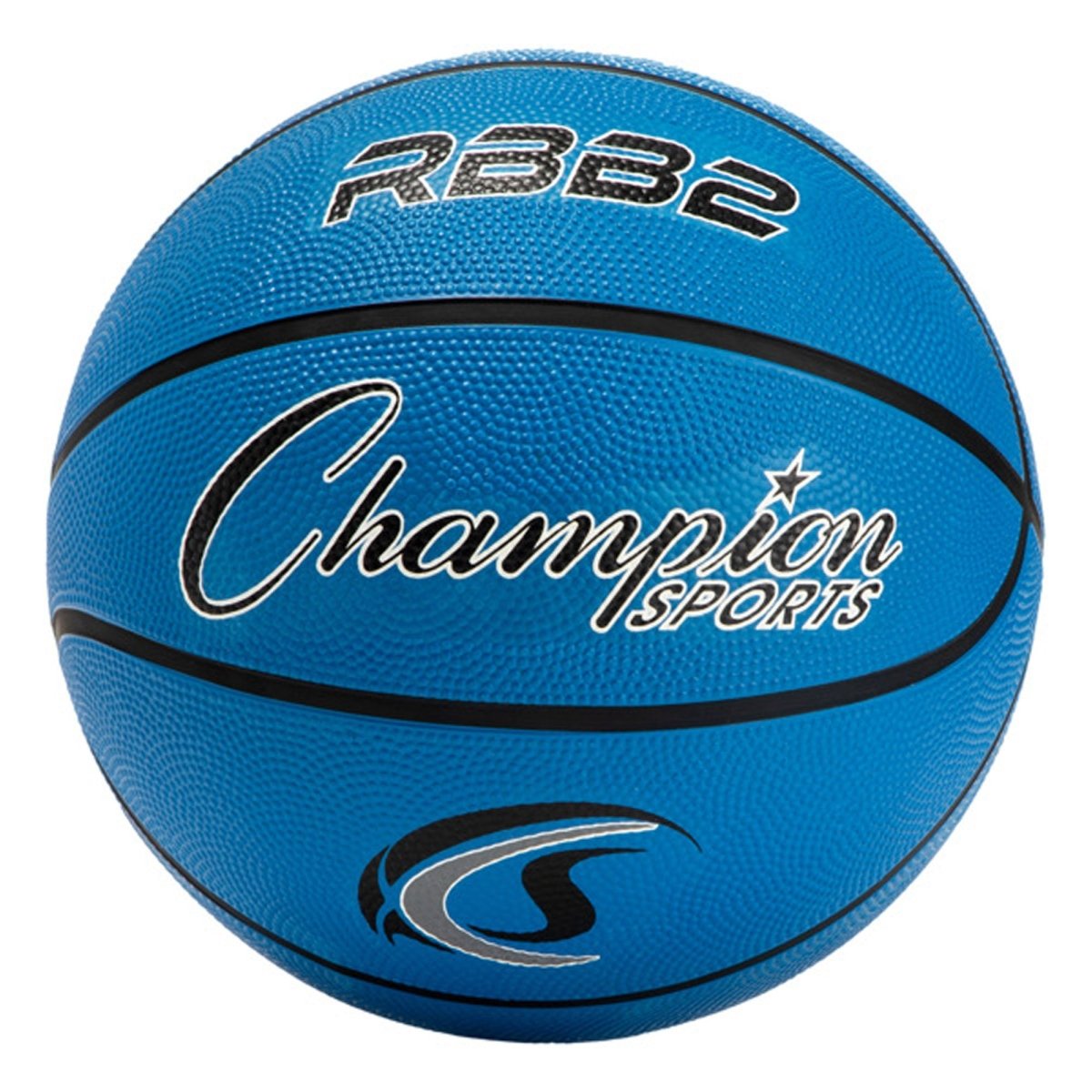 Blue rubber basketball with 'Champion Sports' branding on a white background