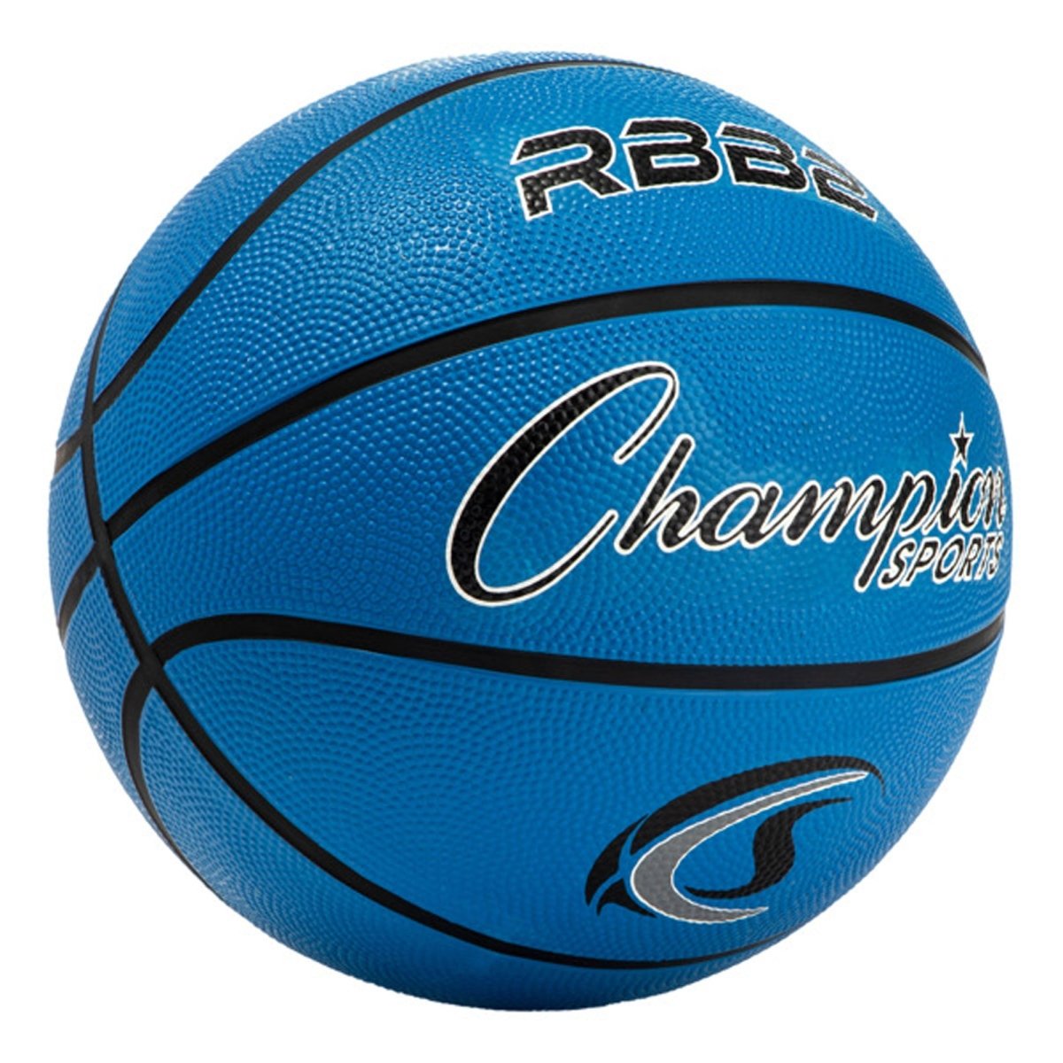 Blue rubber basketball with 'Champion Sports' branding on a white background