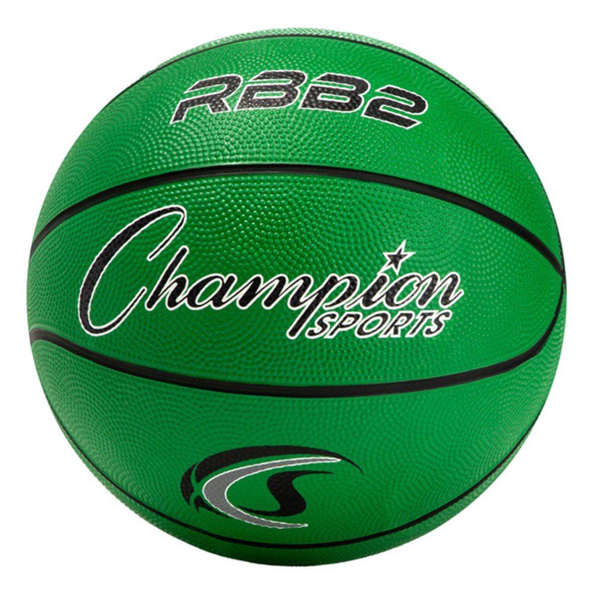 Green rubber basketball with 'Champion Sports' branding on a white background