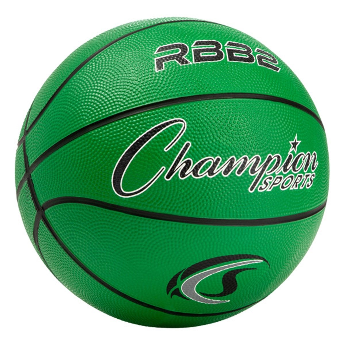 Green rubber basketball with 'Champion Sports' branding on a white background