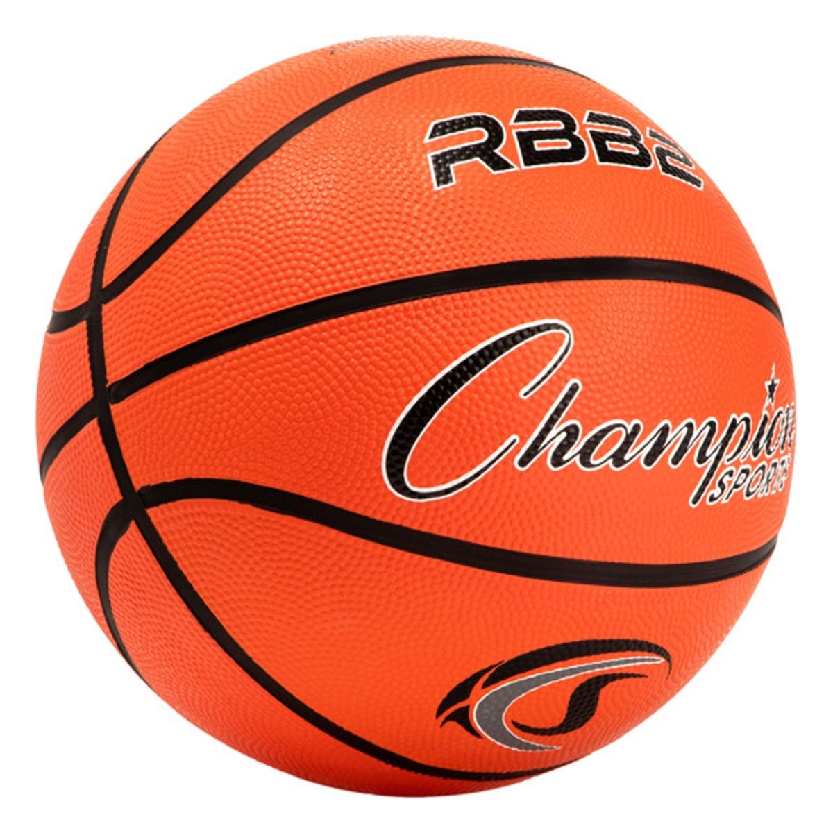 Orange rubber basketball with 'Champion Sports' branding on a white background
