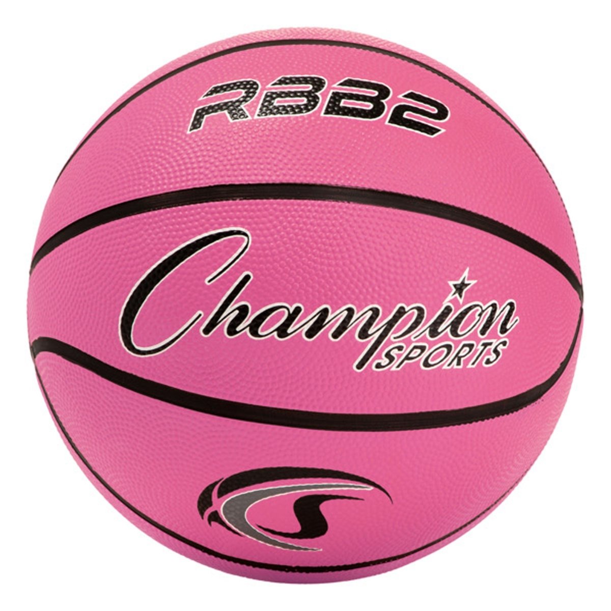 Pink rubber basketball with 'Champion Sports' branding on a white background