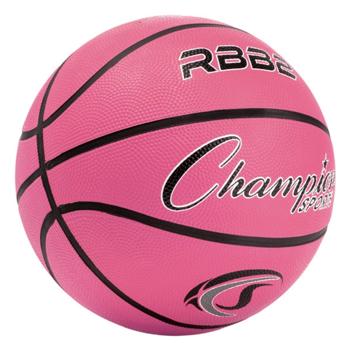 Pink rubber basketball with 'Champion Sports' branding on a white background