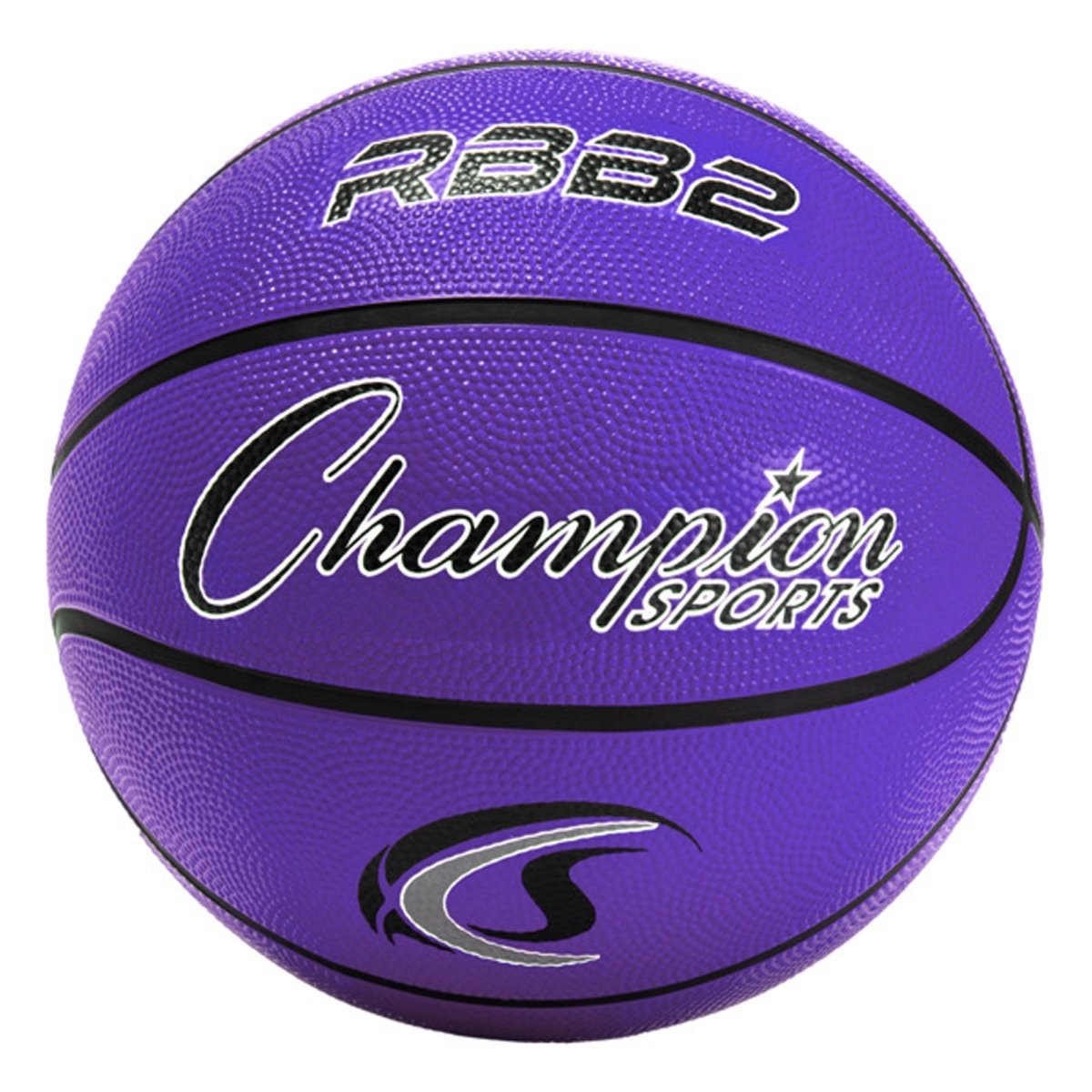 Purple rubber basketball with 'Champion Sports' branding on a white background