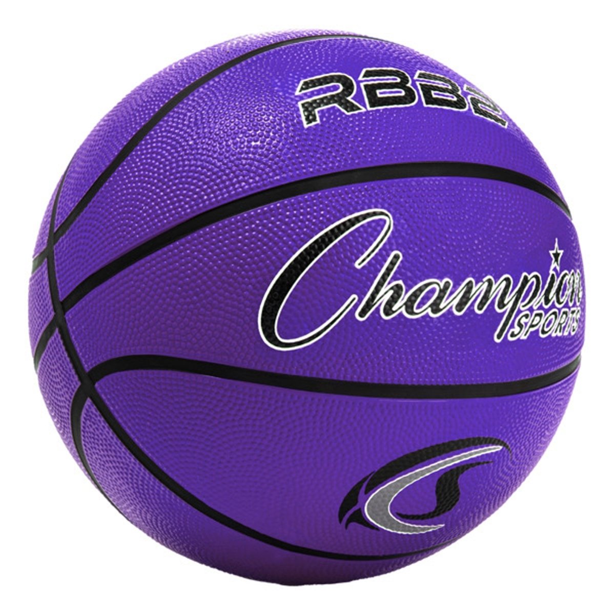 Purple rubber basketball with 'Champion Sports' branding on a white background