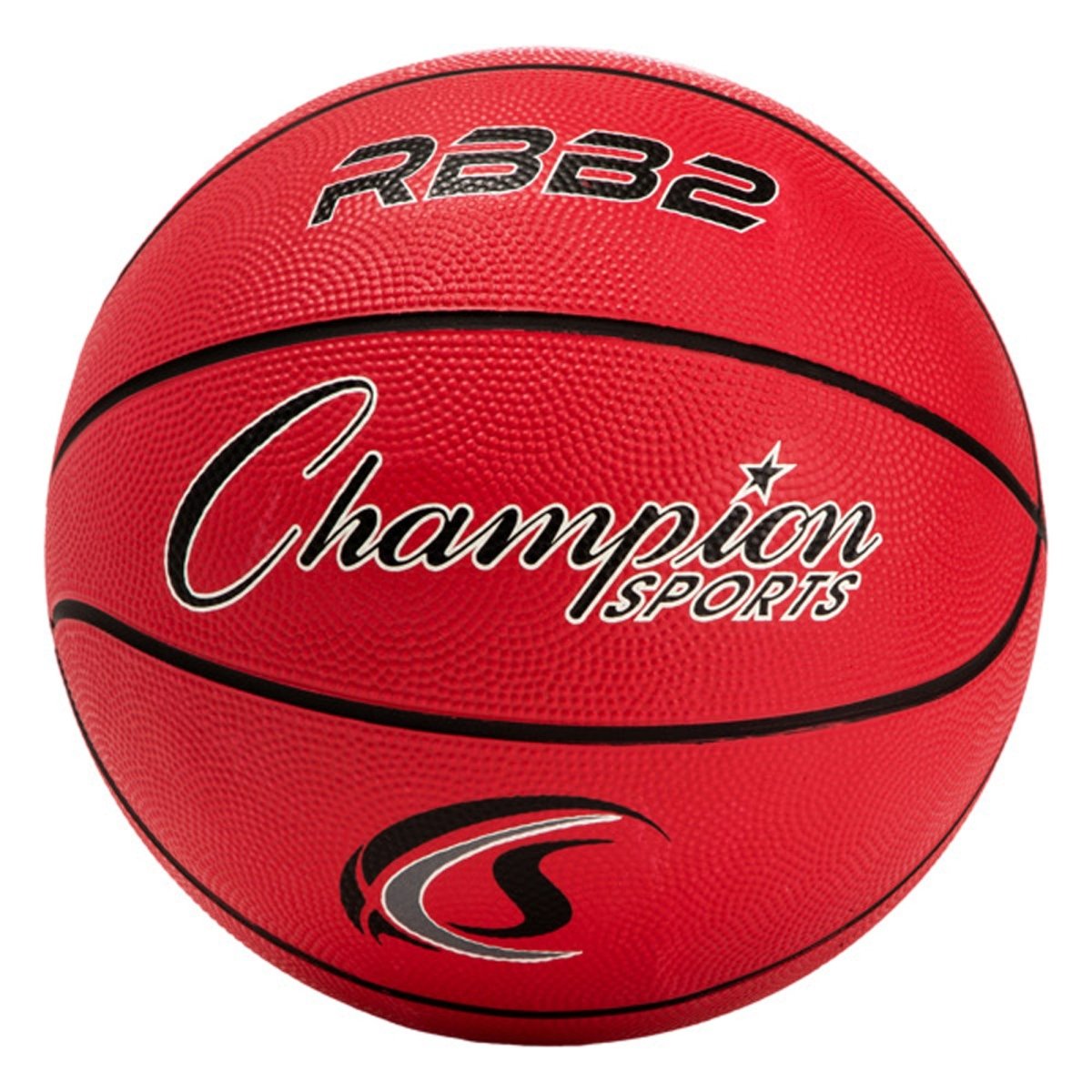 Red rubber basketball with 'Champion Sports' branding on a white background
