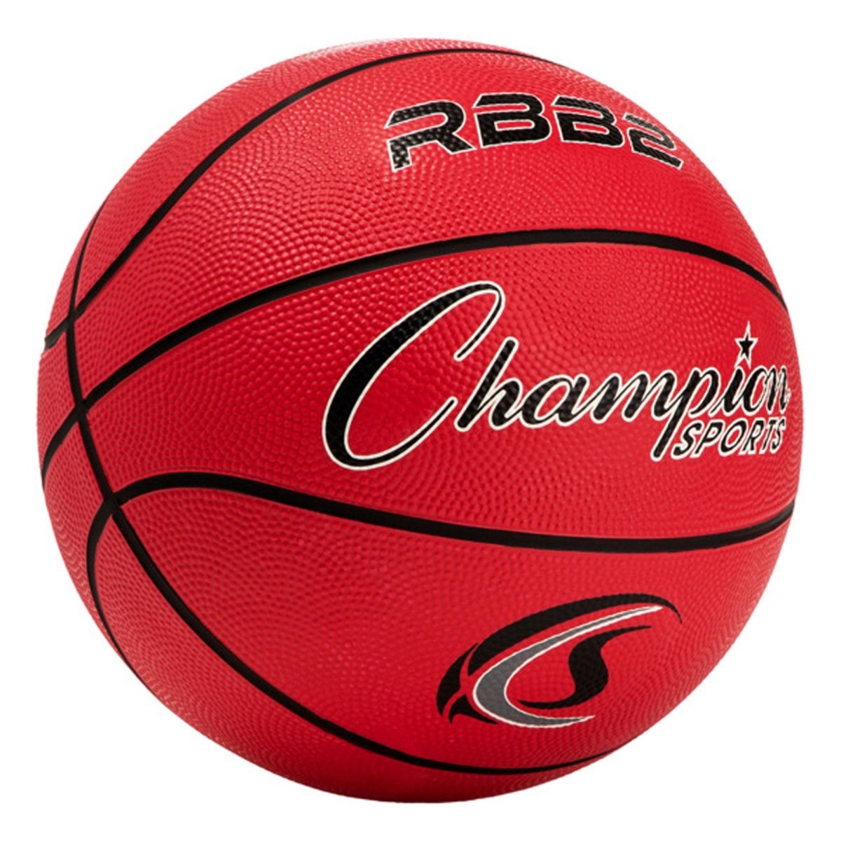 Red rubber basketball with 'Champion Sports' branding on a white background