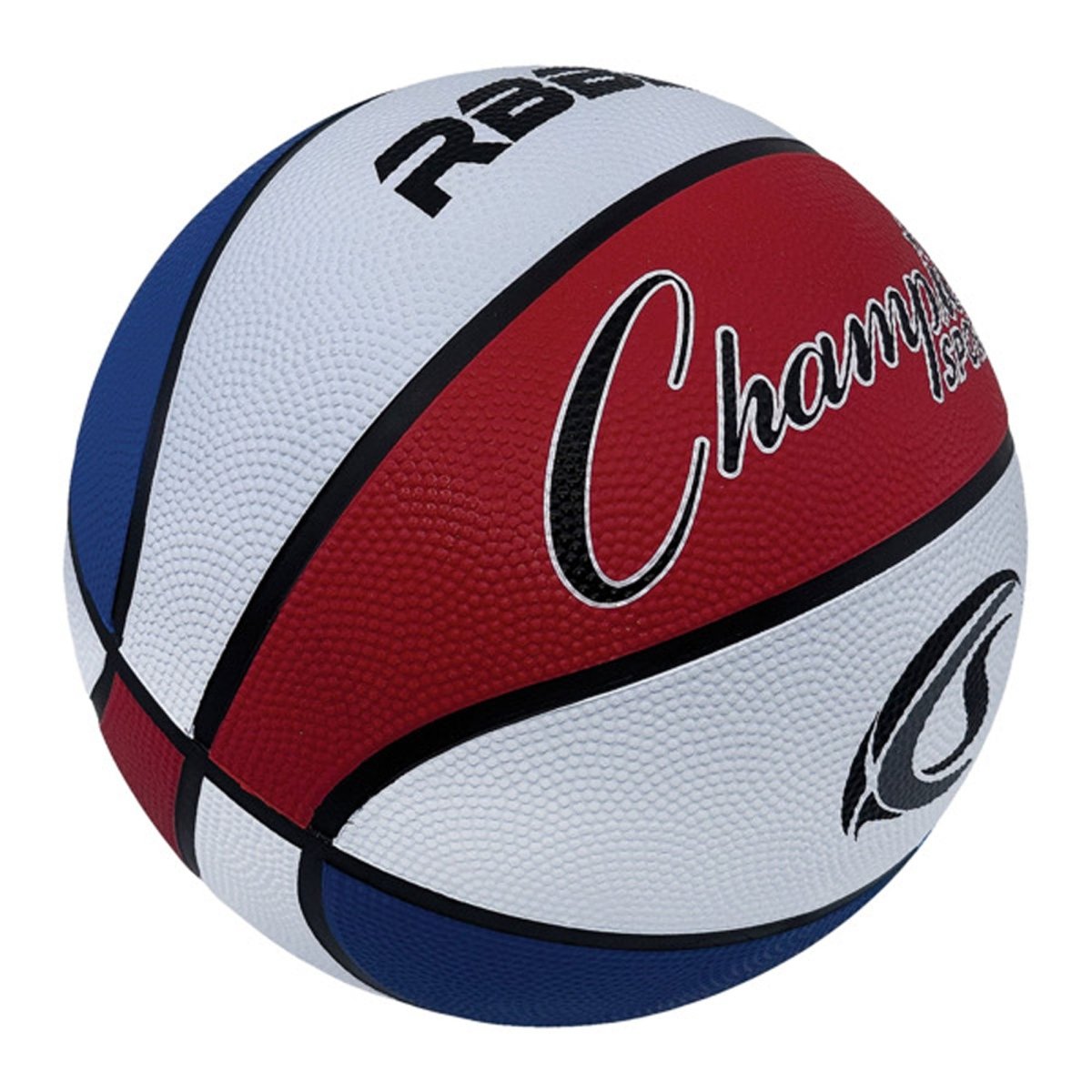 Rubber basketball with red, white, and blue colors on a white background