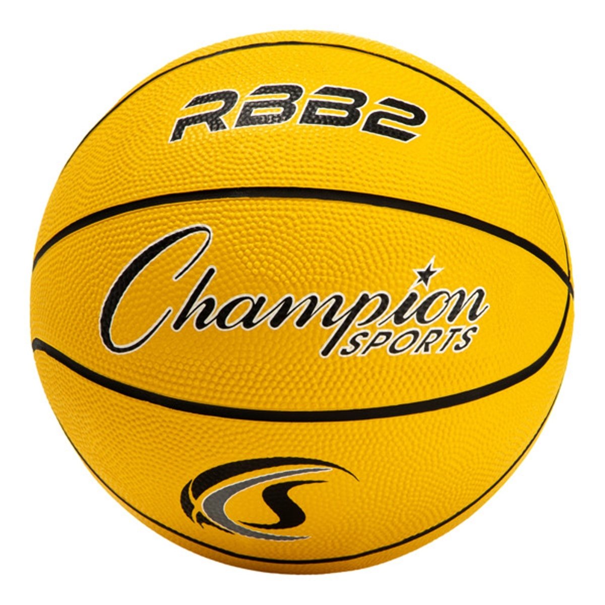 Yellow rubber basketball with 'Champion Sports' branding on a white background