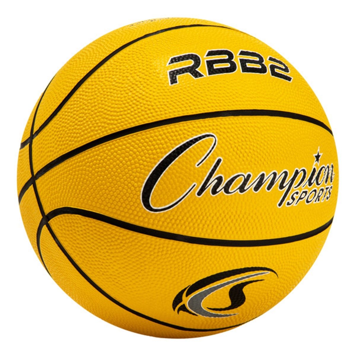 Yellow rubber basketball with 'Champion Sports' branding on a white background
