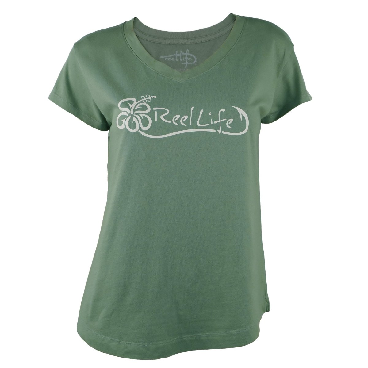Reel Life Women's Ocean Washed Hibiscus Hook V - Neck T-Shirt - Lily Pad - Forza Sports