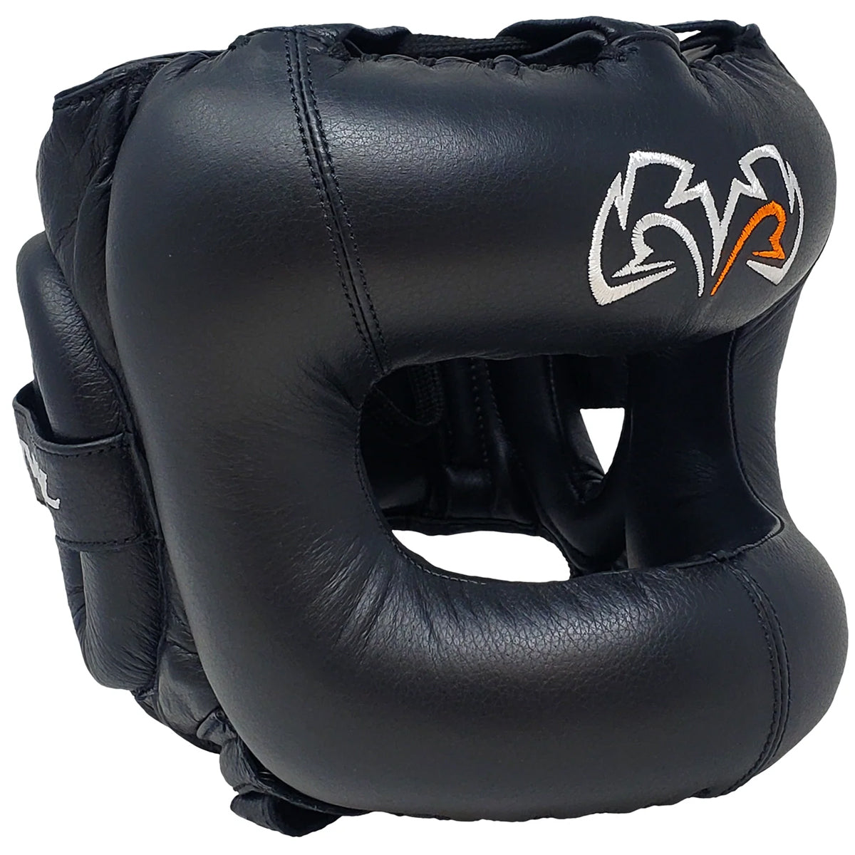 Black boxing headgear with a logo on a white background