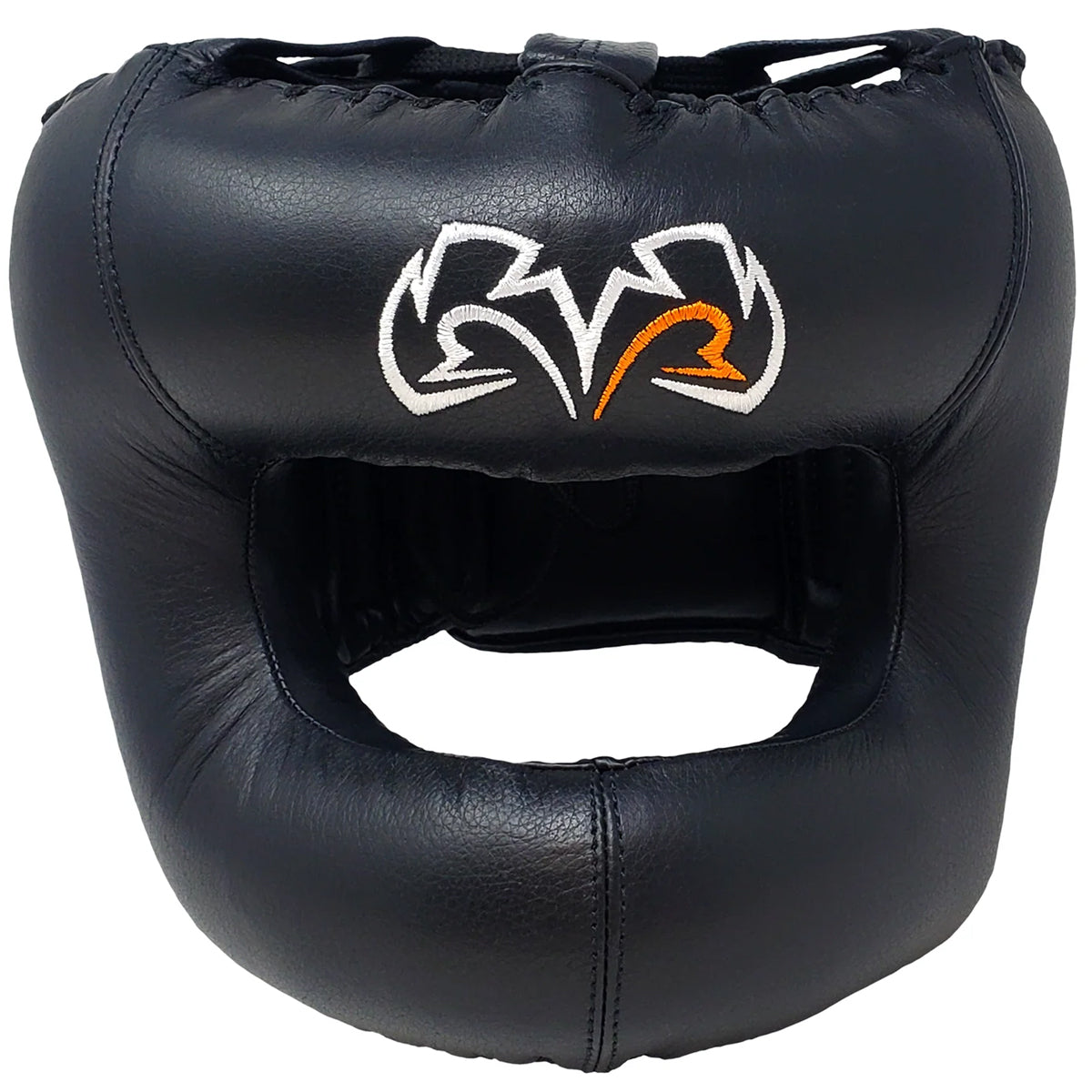 Black boxing headgear with a logo on a white background
