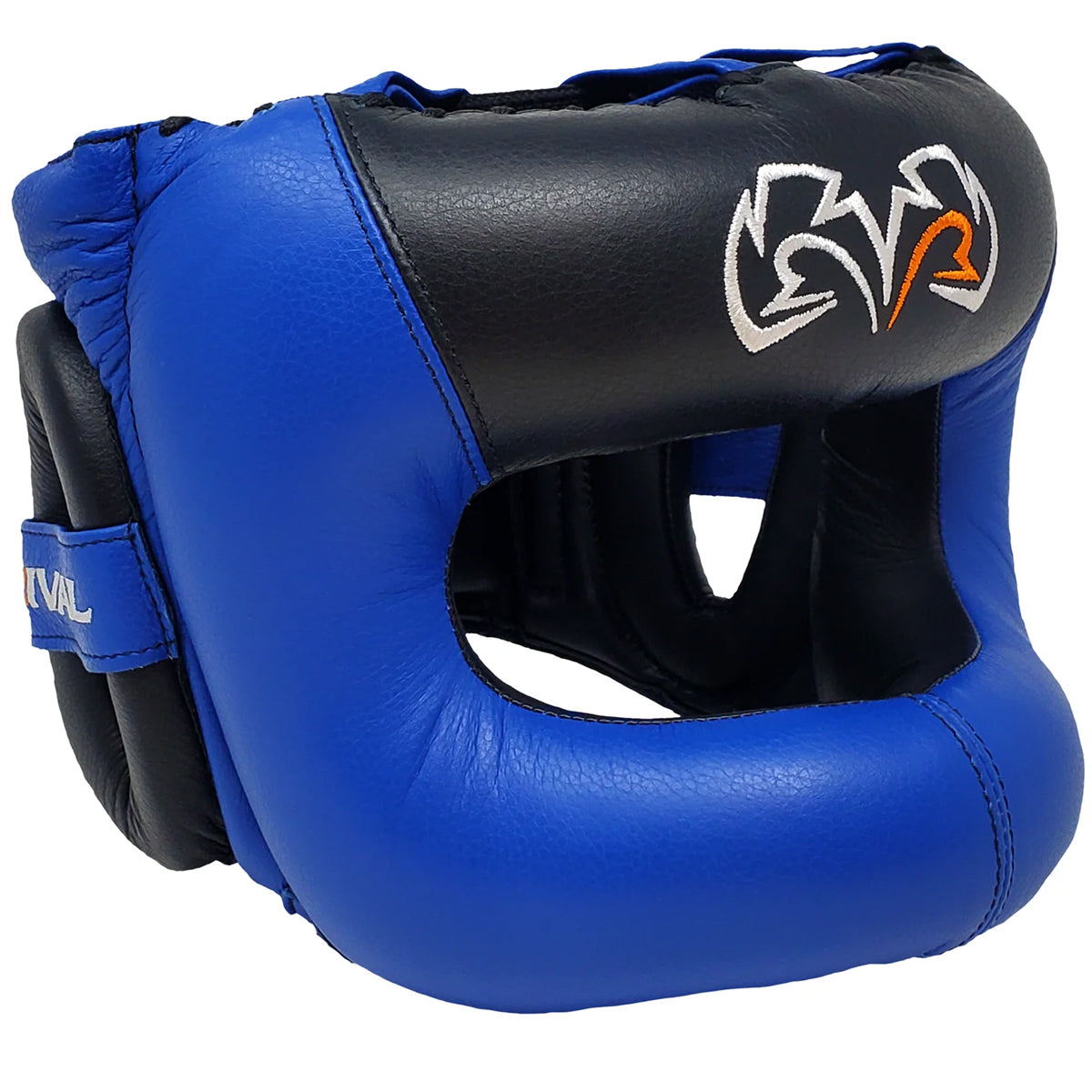 Blue and black boxing headgear with a brand logo on a white background