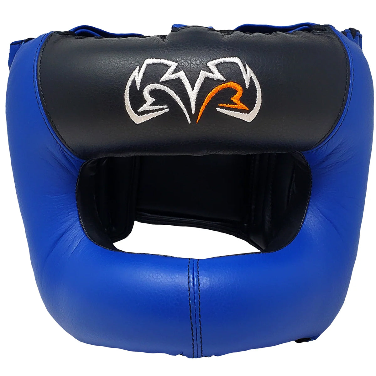 Blue and black boxing headgear with a logo on a white background