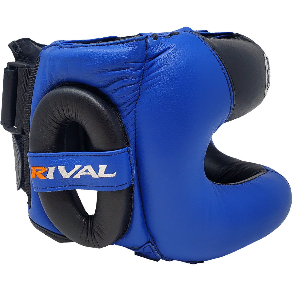 Blue and black boxing headgear with 'Rival' branding on a white background