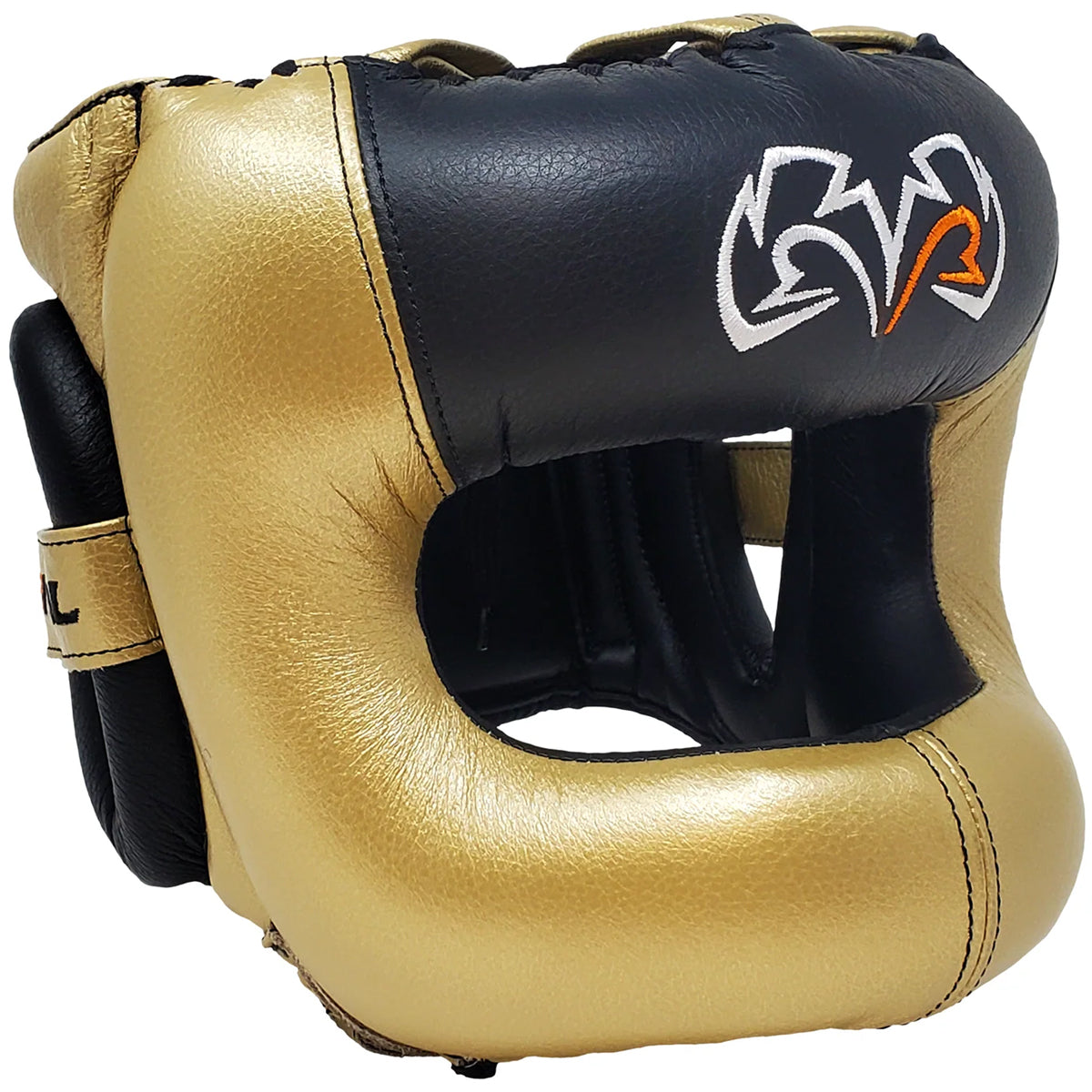 Gold and black boxing headgear with a logo on a white background
