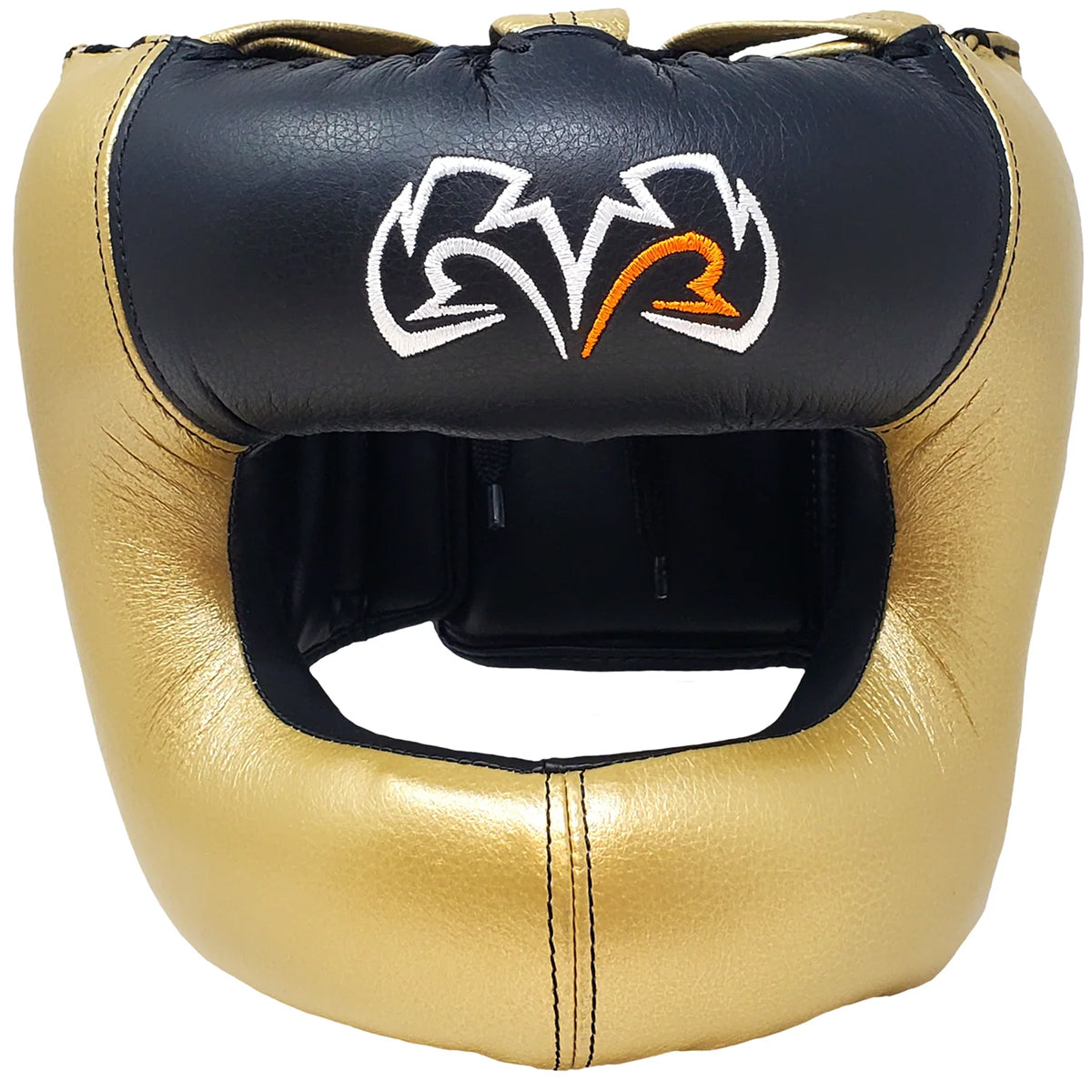 Gold and black boxing headgear with a logo on a white background