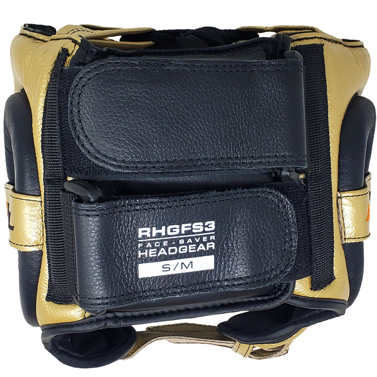 Black and gold headgear with 'RHGF3' branding on a white background