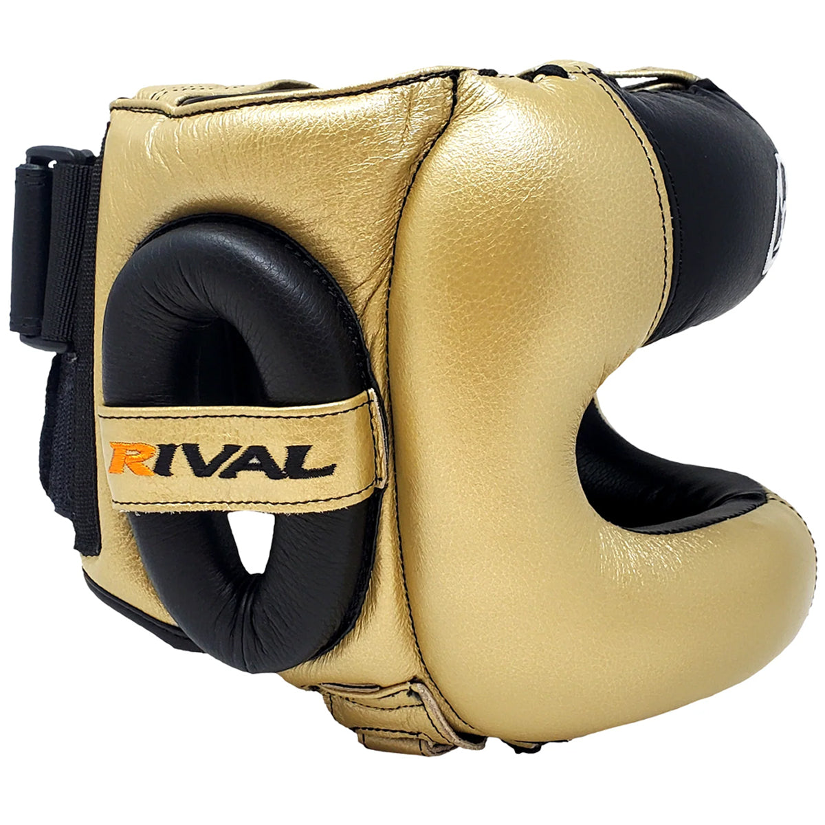 Gold and black boxing headgear with 'Rival' branding on a white background