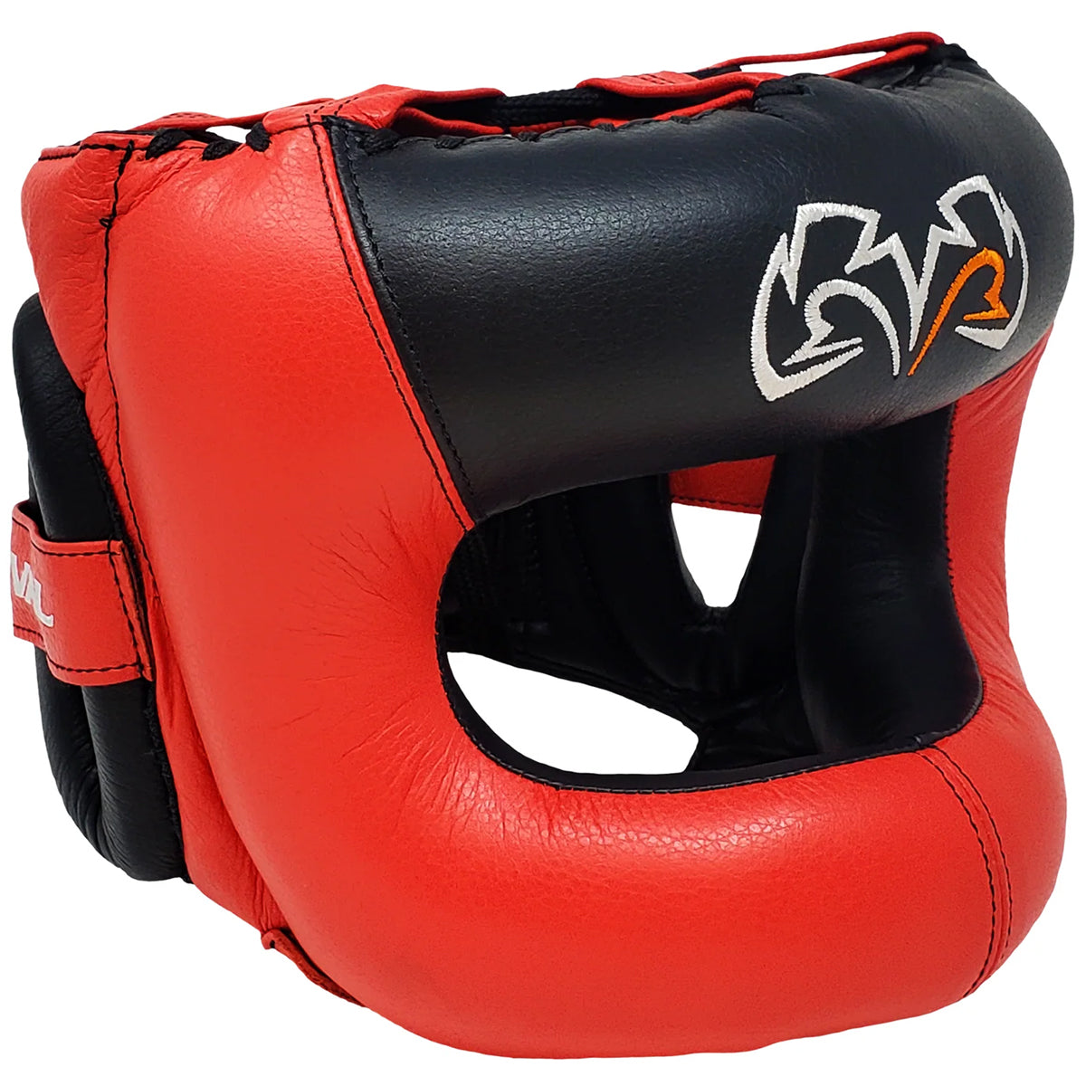 Red and black boxing headgear with a brand logo on a white background