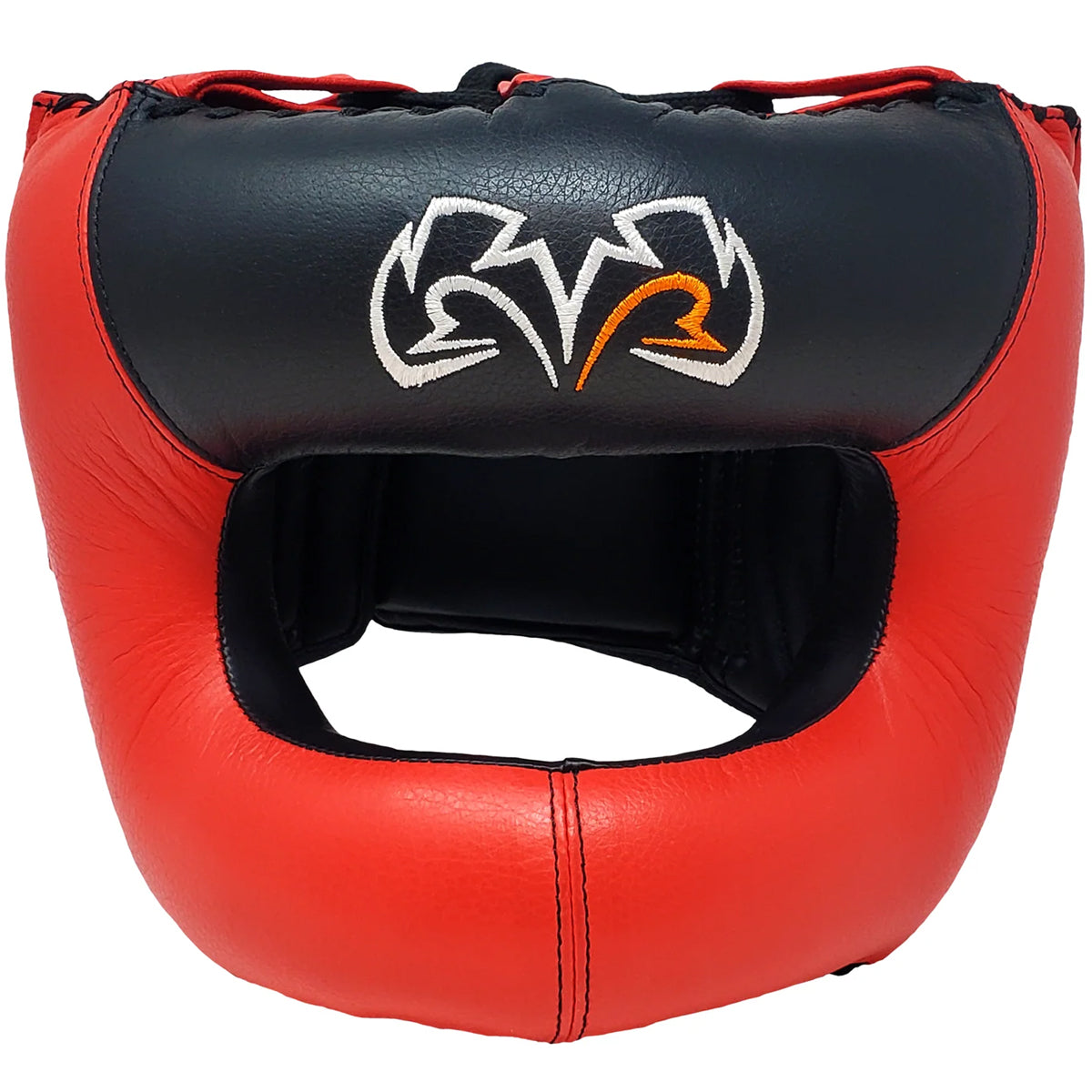 Red and black boxing headgear with a logo on a white background