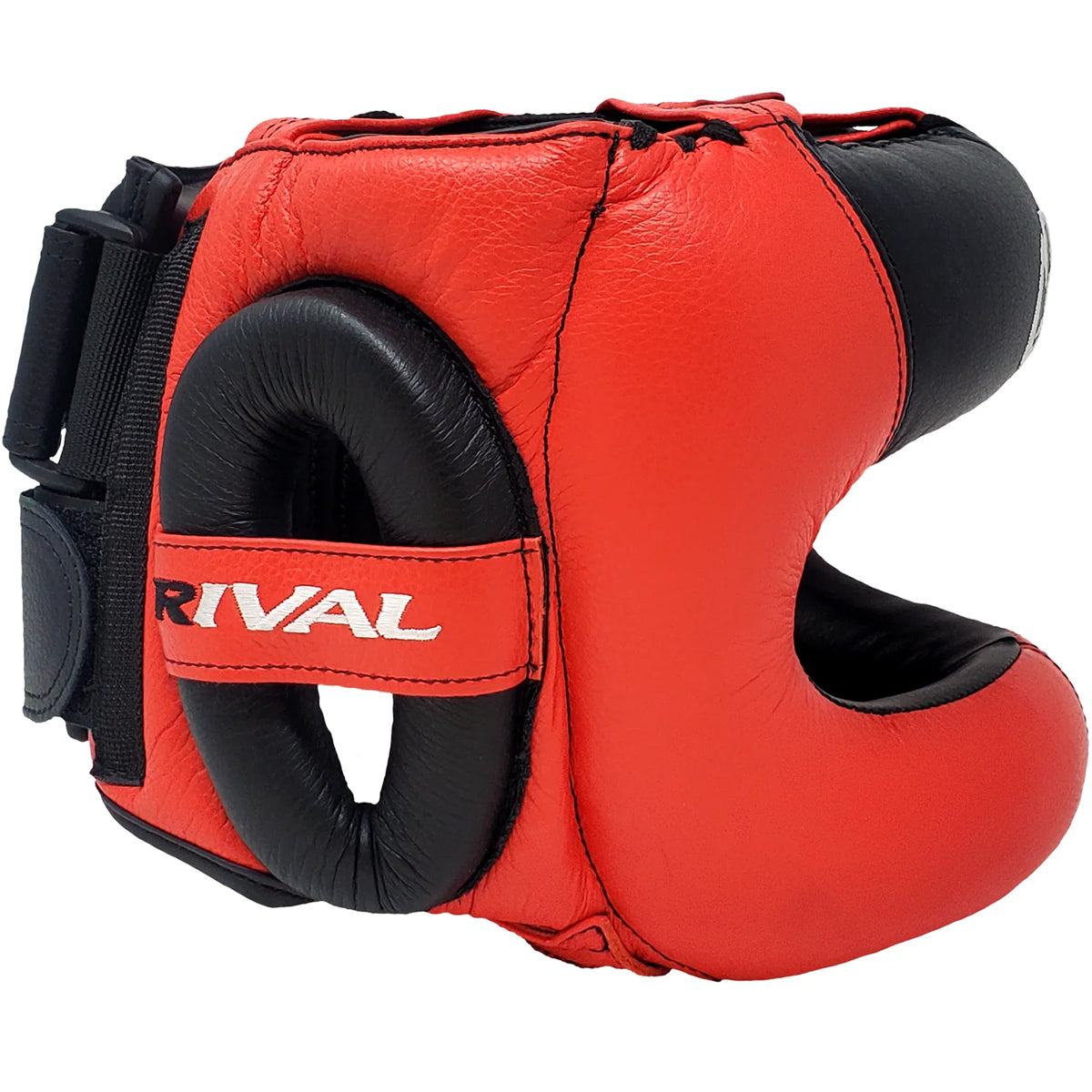 Red and black boxing headgear with 'Rival' branding on a white background