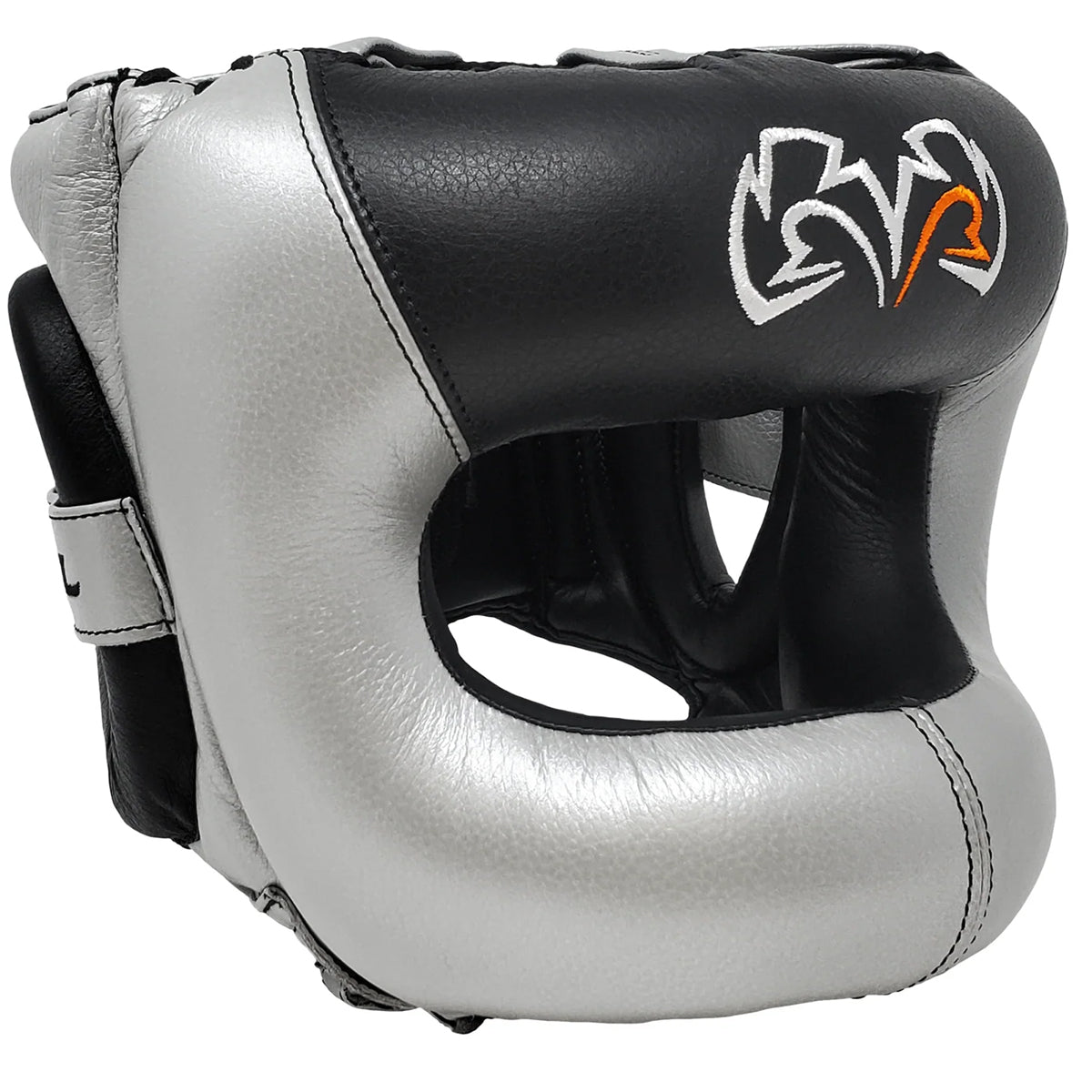 Gray and black boxing headgear with a brand logo on a white background