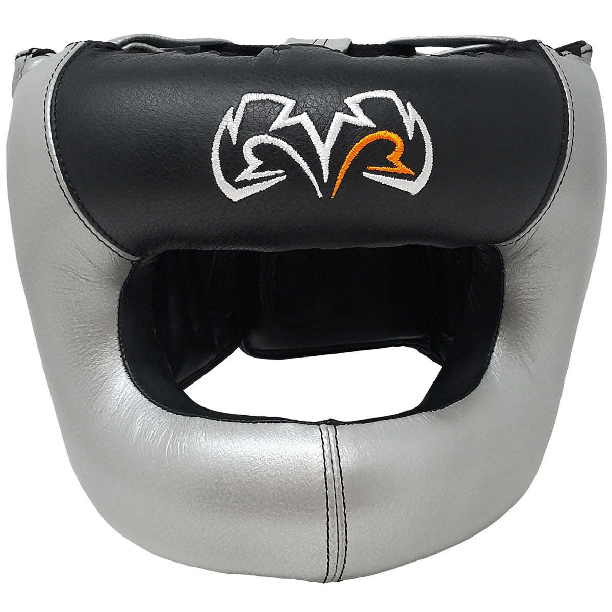 Silver and black boxing headgear with a logo on a white background