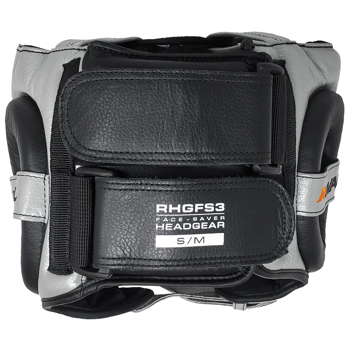 Black and gray face baver headgear with branding on a white background