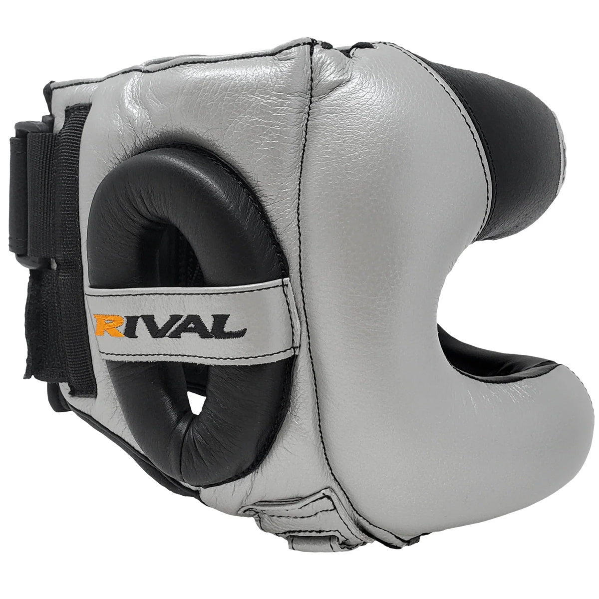 Gray boxing headgear with black padding and 'Rival' branding on a white background