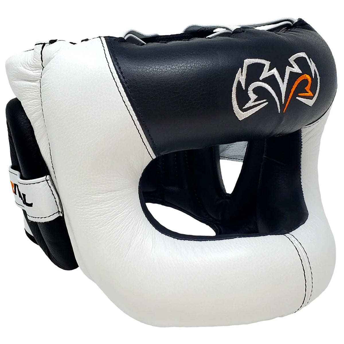 White and black boxing headgear with a brand logo on a white background