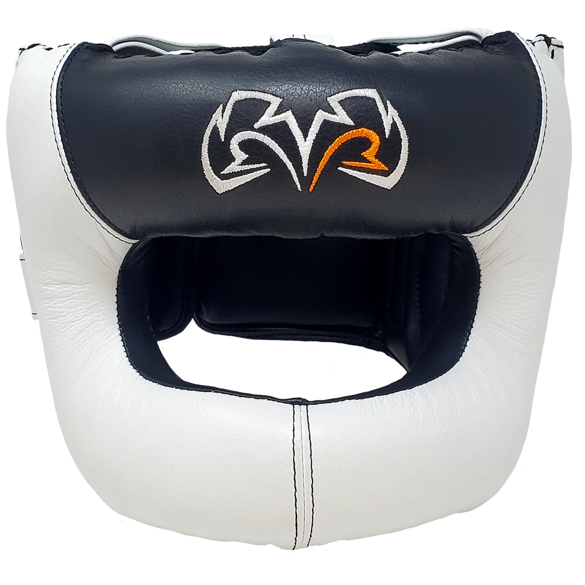 White and black boxing headgear with a logo on a white background