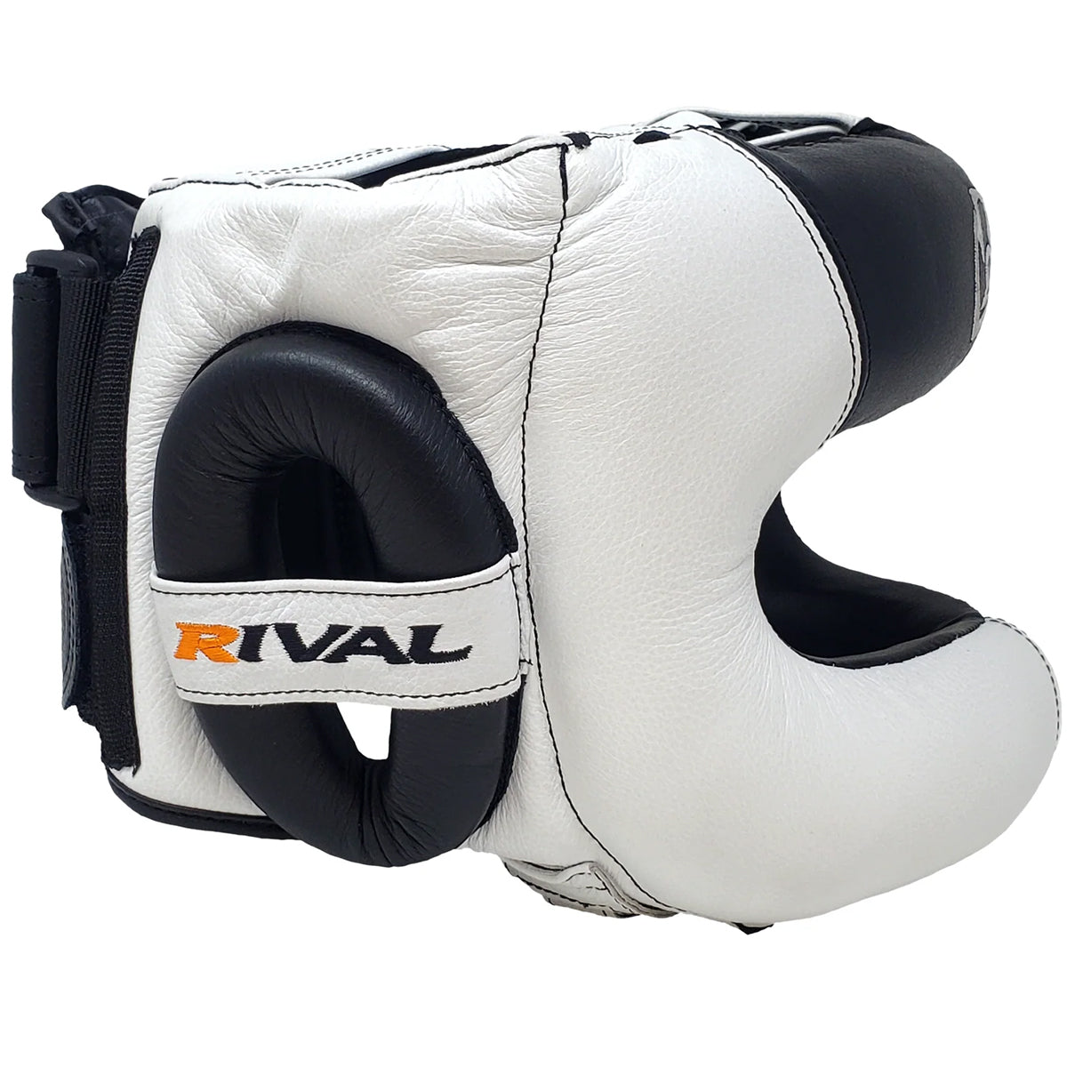 White boxing headgear with black straps and 'Rival' branding on a white background