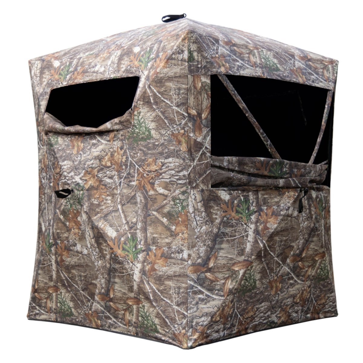 Camouflage hunting blind with front and side windows on a white background