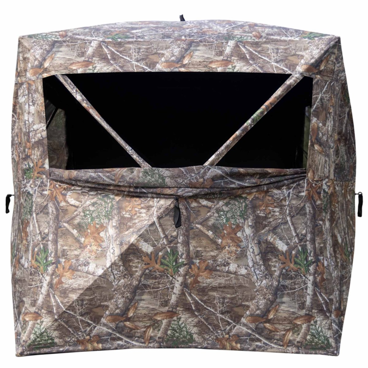 Camouflage hunting blind with a clear window on a white background