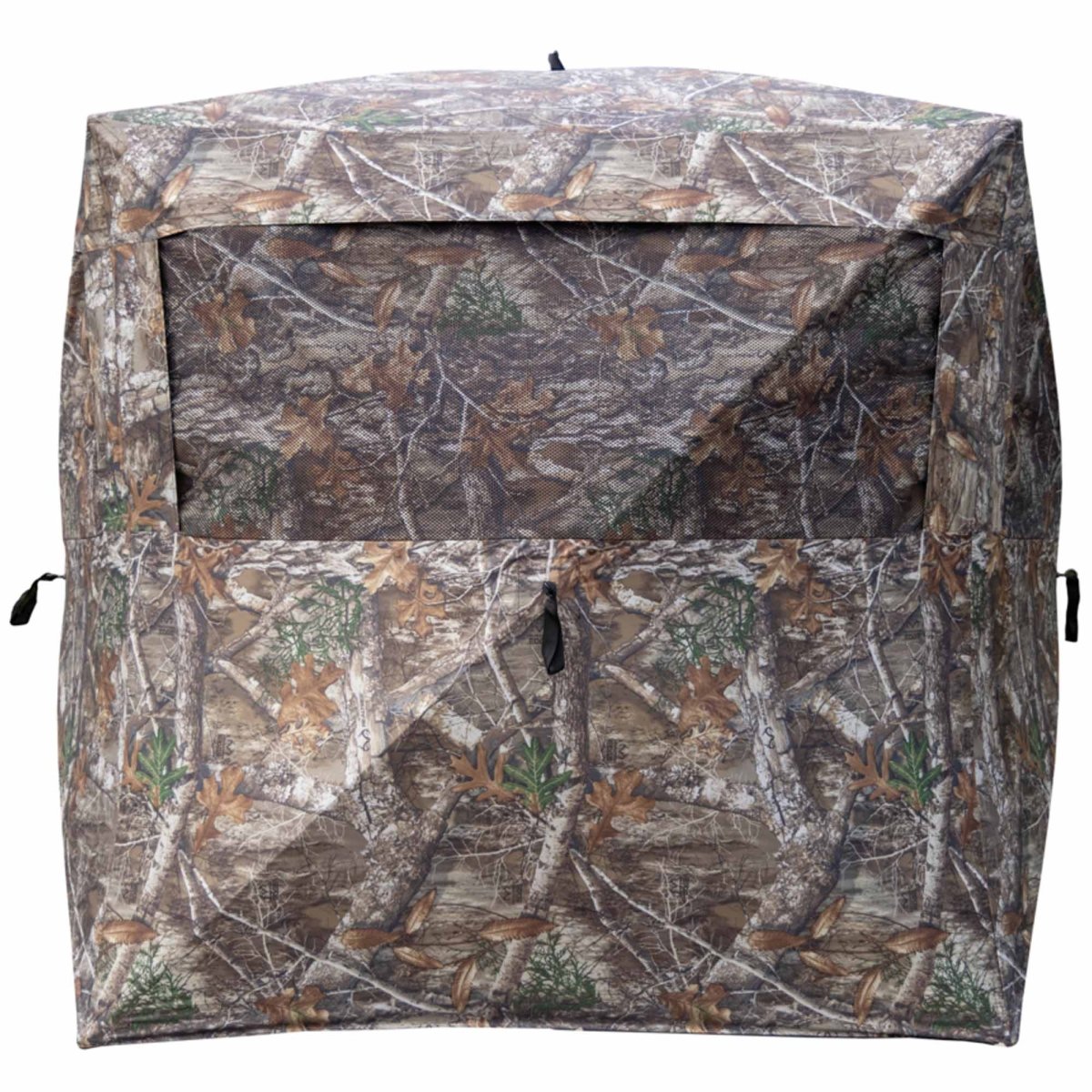 Camouflage pro hunting blind with a pattern resembling trees and branches on a white background