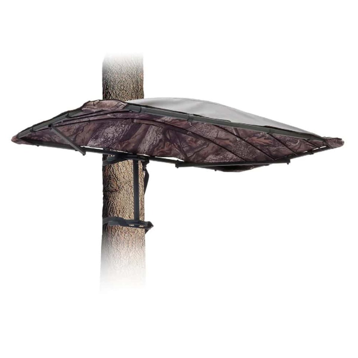 Camouflage hunting tree stand cover attached to a tree