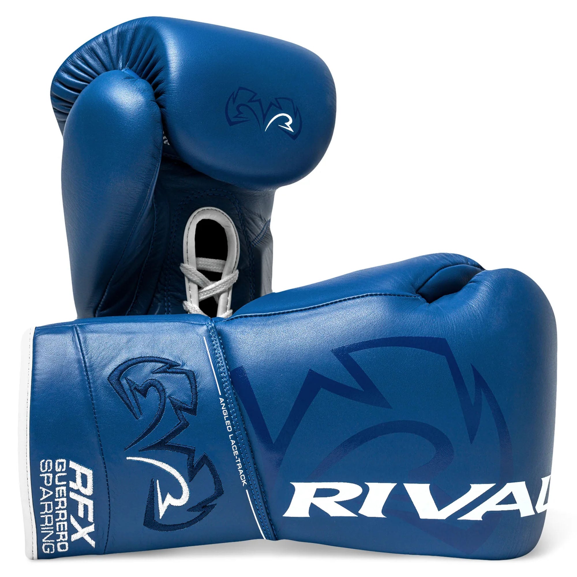 Blue boxing gloves with 'Rival' branding on a white background