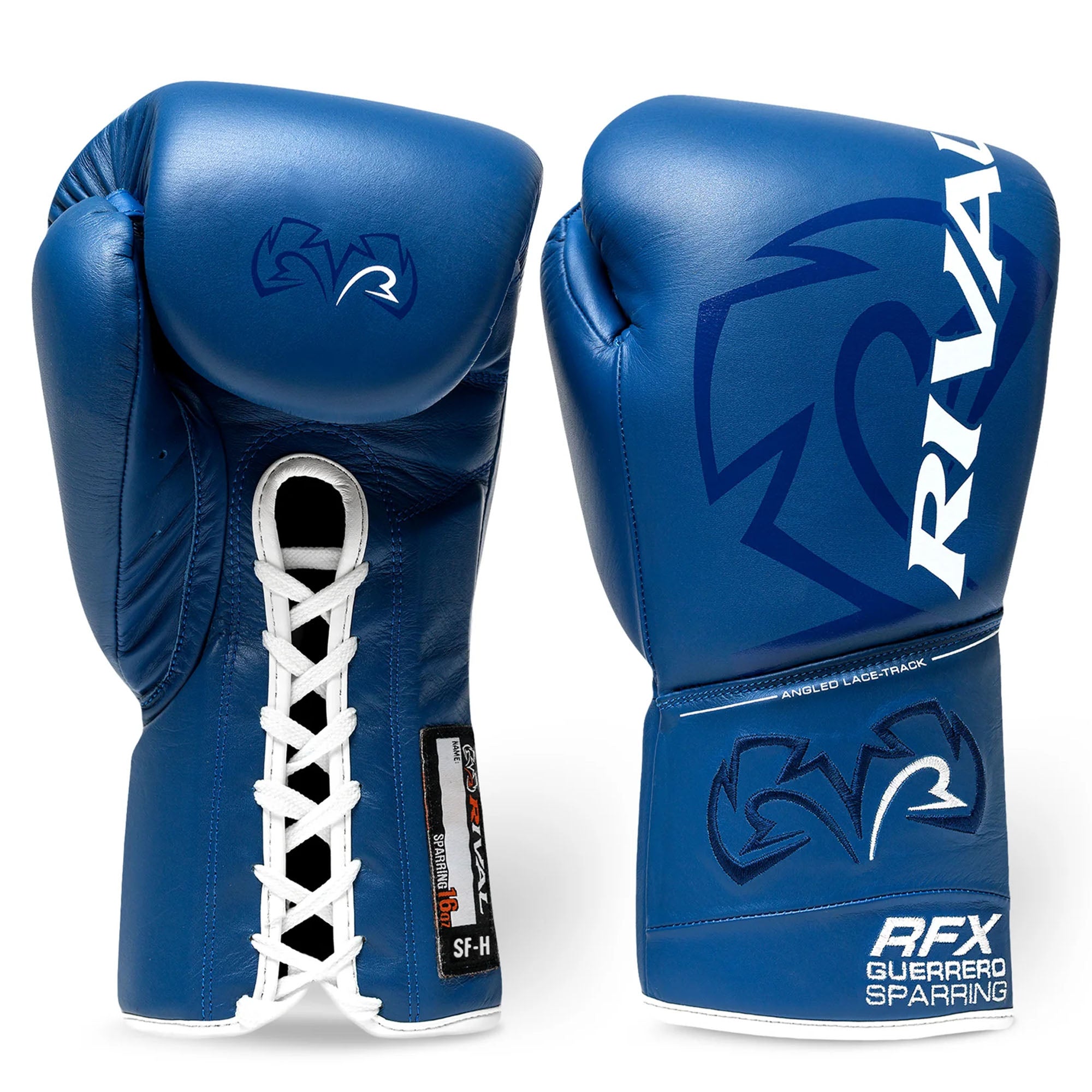 Blue boxing gloves with white text and branding on a white background